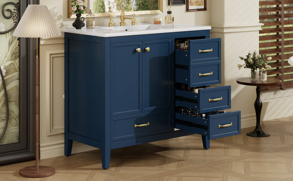 English Elm 36" Solid Pine Bathroom Vanity with Ceramic Sink 4 Soft Close Drawers Vintage Style Blue N759S293646C