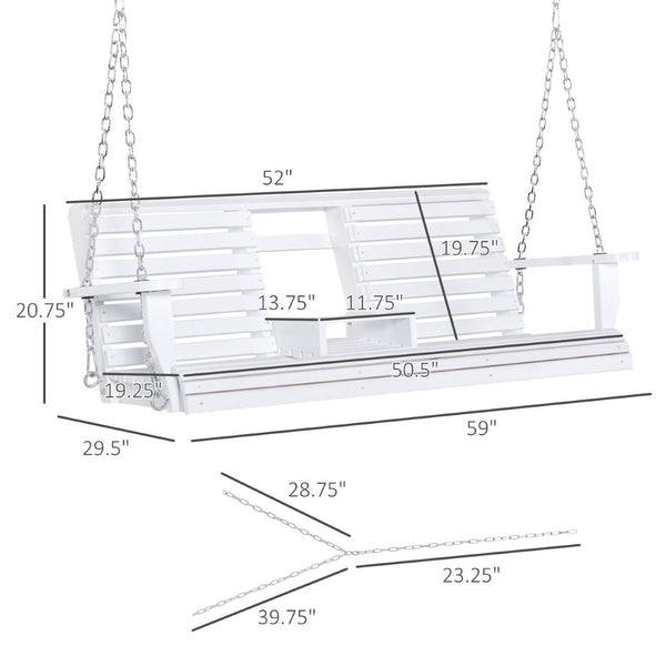 English Elm Outsunny 3-Seater Porch Swing Bench With Folding Coffee Table, Cup Holders & Durable Chains, White W2225P217702-GIGA