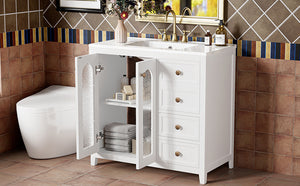English Elm 36.02-inch white bathroom vanity with ceramic basin, gold round handles, soft-close doors & drawers N729P184710K