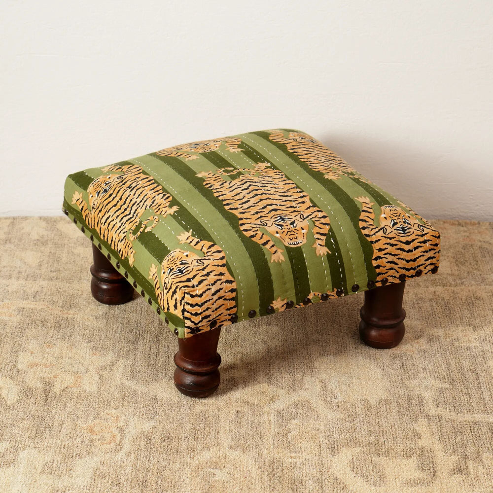 English Elm Decorative Handcrafted Embroidered Multicolor Foot Stool 16x16x5" Green Cotton Foam Wooden Accent Seat B346P320728