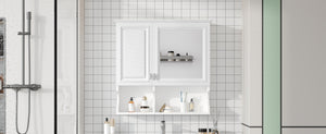 English Elm 30 30 Inch Mirror Medicine Cabinet with Half-Moon Design, Soft-Close Hinges, Open Shelf & Solid-Wood Frame White N710P322812K