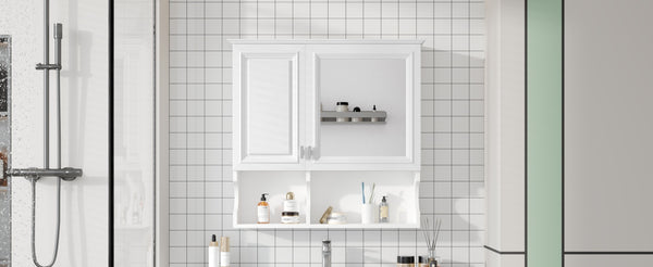 English Elm 30 30 Inch Mirror Medicine Cabinet with Half-Moon Design, Soft-Close Hinges, Open Shelf & Solid-Wood Frame White N710P322812K