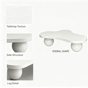 English Elm 46 Inch Cloud Shaped Coffee Table with Ash Veneer Top and Sculptural Sphere Legs White W3935S00007