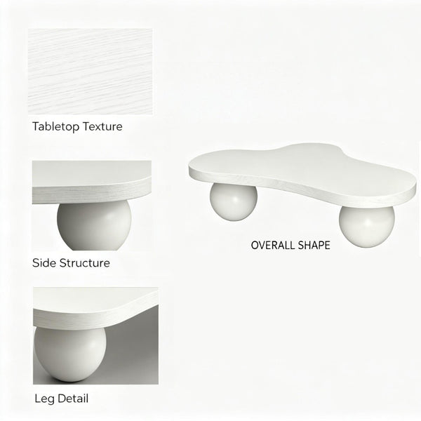 English Elm 46 Inch Cloud Shaped Coffee Table with Ash Veneer Top and Sculptural Sphere Legs White W3935S00007