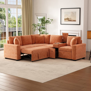 English Elm 120.5" L-shaped Convertible Sofa Bed Modular Sectional with Pull-Out Sleeper, Chenille, Storage, Cup Holders Orange N719S001940G