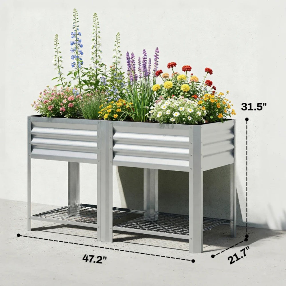 English Elm Planter Box Galvanized Steel Raised Garden Bed with Bottom Shelf for Patio Use T3971P475584