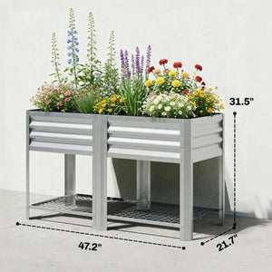 English Elm Planter Box Galvanized Steel Raised Garden Bed with Bottom Shelf for Patio Use T3971P475584