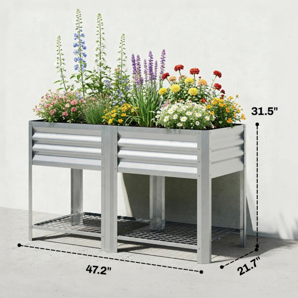 English Elm Planter Box Galvanized Steel Raised Garden Bed with Bottom Shelf for Patio Use T3971P475584
