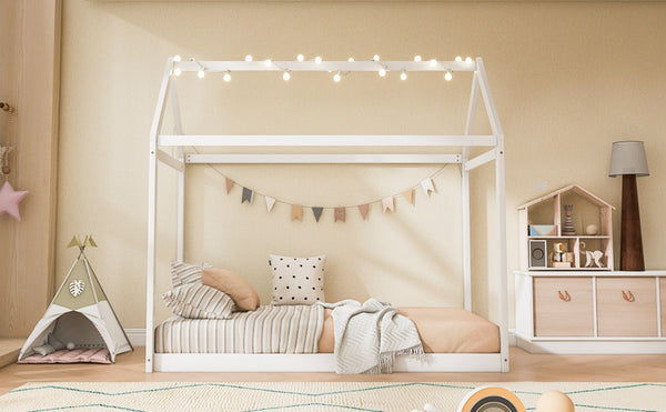 English Elm Twin House Bed Pine Wood Frame with Peaked Roofline Low Profile Kids Bedroom WF197557AAK