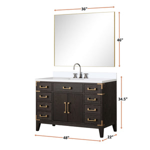 English Elm Brown Oak Single Bath Vanity 48" W x 22" D with Polished White Quartz Top, Chrome Faucet & 46" Mirror B2731S02015