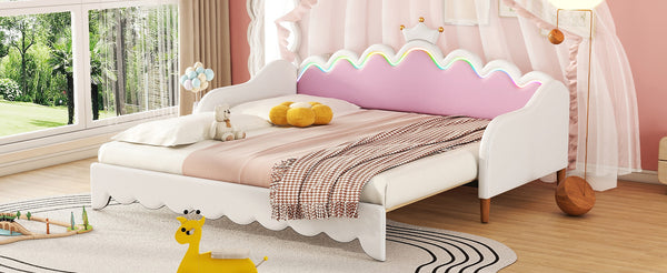 English Elm Twin Extending Daybed with LED Crown Headboard, Upholstered Princess Design for Cozy Kids Room White 76.5 L x 17.4 W x 4.3 H HL000104AAK