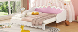 English Elm Twin Extending Daybed With Led Lights, Modern Upholstered Princess Daybed With Crown Headboard,White