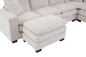 English Elm Modern U Shaped 6-Seat Sectional Sofa with Ottoman and 3 Toss Pillows, Corduroy Modular Comfort and Durable Frame White W2363S00039