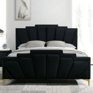 English Elm Glam Plush Flannelette Queen Bed with Shell Tufting and Padded Headboard on Metal Legs for Style Black,Gold 84 L x 15 W x 7 H B2741S00331
