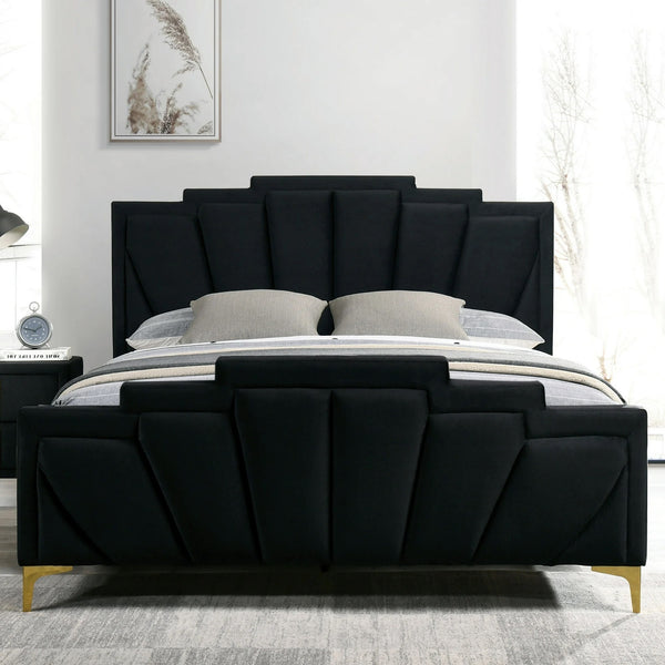 English Elm Glam Plush Flannelette Queen Bed with Shell Tufting and Padded Headboard on Metal Legs for Style Black,Gold 84 L x 15 W x 7 H B2741S00331