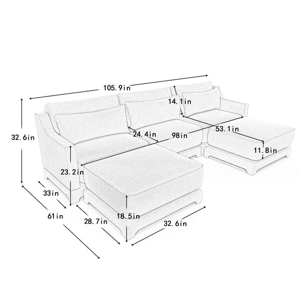 English Elm Three-Seater Sofa Set With Movable Ottomans & Lumbar Pillow - Elegant Chenille For Living Rooms W714S01198-GIGA