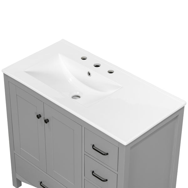 English Elm 36" Gray Bathroom Vanity with Ceramic Sink, 5 Drawers & Soft-Close Doors, Solid Wood Modern Storage N729P183735E