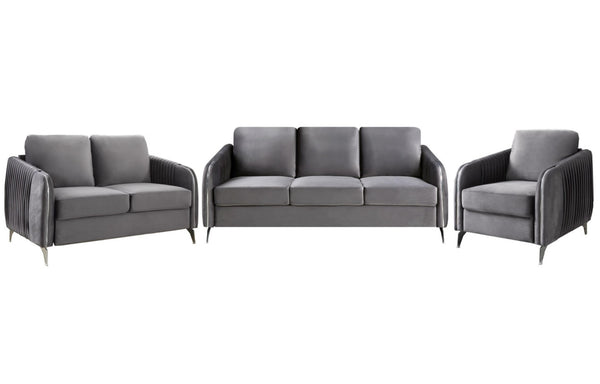 English Elm Hadriano Velvet 3 Piece Living Room Set with Chrome Trim and Channel Quilted Seating Gray B2749S00170