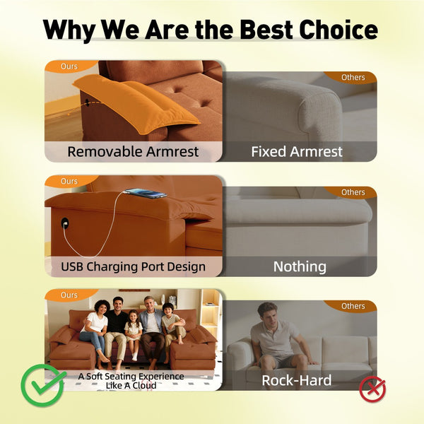 English Elm 109.5" Oversized U-shaped Sectional Sleeper Chenille Modular Sofa with Usb Ports Orange W1885S00440