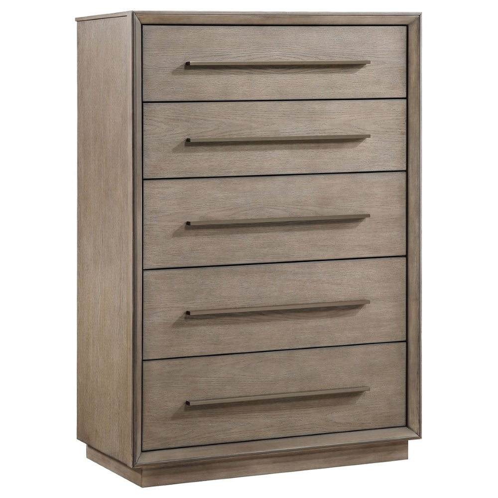 English Elm Prescott Taupe Oak Grain 5 Drawer Chest with Mitered Trim and Modern Bar Pulls B062P441125