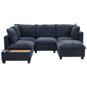 English Elm 90" U-shaped Sectional Sofa Modular Couch with Movable Ottoman, Hidden Charging Coffee Table, Durable Comfort Blue N719S001780C