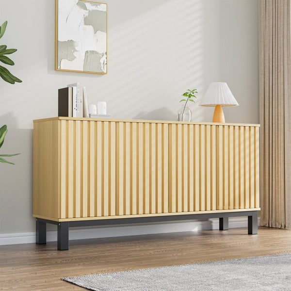 English Elm Sideboard Fluted Credenza with Soft Close Doors Walnut Finish Mid Century Storage T3773P417322
