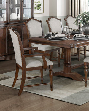 English Elm Formal Nine Piece Cherry Trestle Dining Set with Nailhead Upholstered Chairs Extendable B011S01374