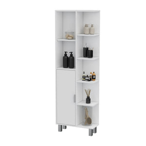 English Elm FM FURNITURE Quimby Linen Cabinet White – 1 Door, 9 Shelves, Durable Particleboard, Easy Assembly, Timeless Bath Storage B128P321052