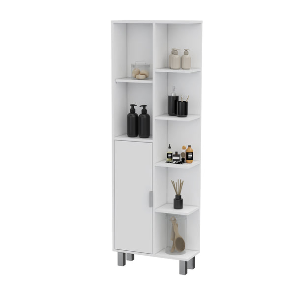 English Elm FM FURNITURE Quimby Linen Cabinet White – 1 Door, 9 Shelves, Durable Particleboard, Easy Assembly, Timeless Bath Storage B128P321052