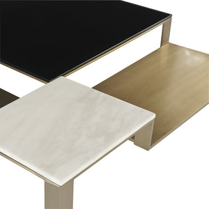 Sunpan Saber Contemporary Coffee Table with Black Glass & White Marble Top, Champagne Gold Frame, 48" Square