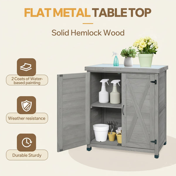 English Elm Potting Bench Outdoor Hemlock Wood Metal Top Cabinet Farmhouse Garden Workstation W1390P407461