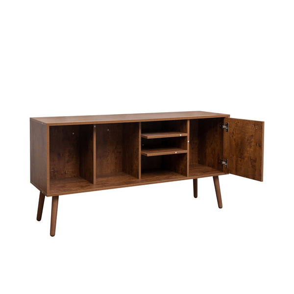 English Elm TV Stand Mid-Century Modern 53" TV Console with 1 Cabinet and 3 Open Shelves, Durable Veneer Frame Walnut Brown W331P247811