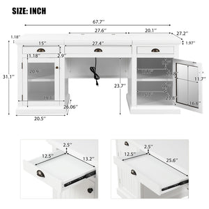 English Elm 67" White Executive Desk with Cabinet Storage Drawers and Usb Ports for Home Office N751S415499K