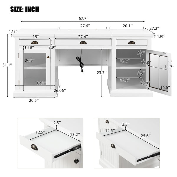 English Elm 67" White Executive Desk with Cabinet Storage Drawers and Usb Ports for Home Office N751S415499K