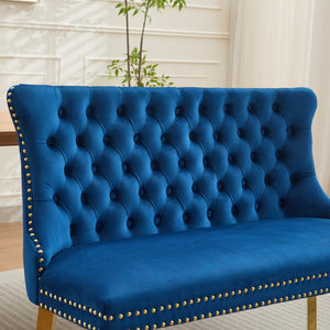 English Elm Velvet Wingback Dining Bench Tufted Two Seat Mid Century Modern Brushed Steel Base Blue W1143P406979