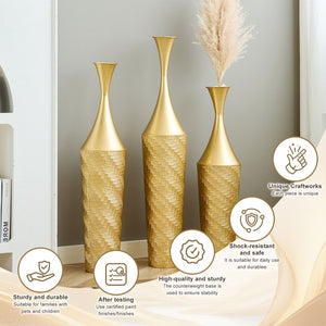 English Elm 3-piece Handcrafted Metal Floor Vase Set Matte Finish Architectural Trio for Entryway Gold W2796P446201