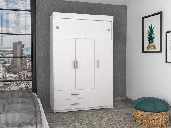 English Elm Tucson White Armoire with Hanging Rod & 2 Large Bottom Drawers, Compact 3-Door Wardrobe Design B128S00095