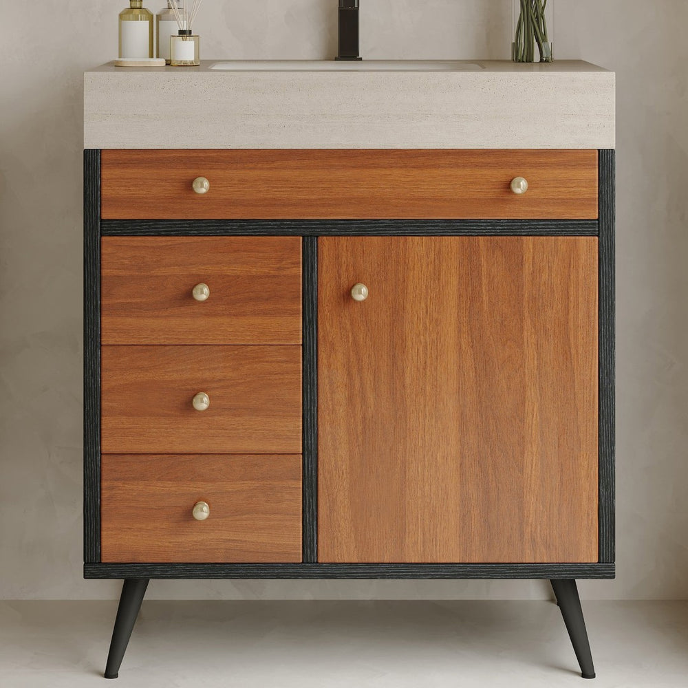English Elm 29.9" Floating Bathroom Vanity Sintered Stone Top Soft Close Drawers Bronze Gold Hardware W3136S00043