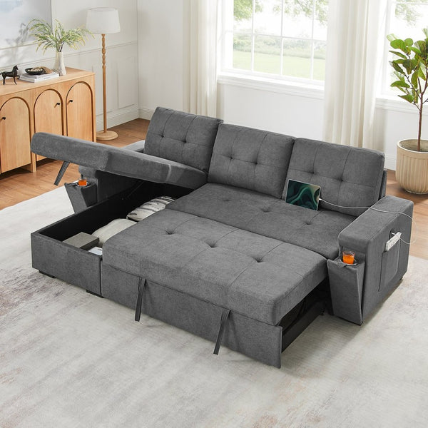 English Elm Toby Woven Fabric Sleeper Sectional with Storage Chaise Usb Ports and Coil Support Gray B061S00956