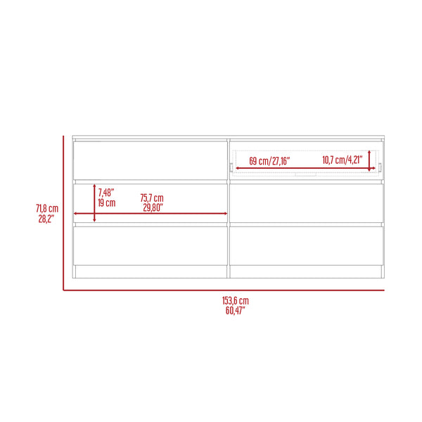 English Elm Seul Six Drawer Double Dresser Superior Top — 60.4" Wide Spacious Surface, Smooth All-Metal Rails, Sleek Design White 36 L x 24 W x 6 H B128S00116