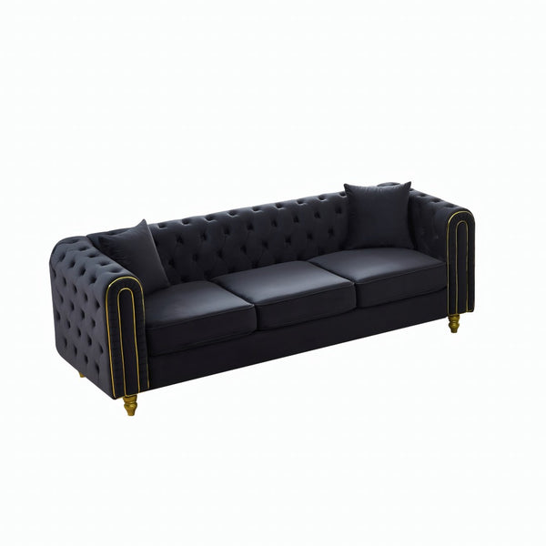 English Elm 86" Chesterfield Velvet Three Seat Sofa Button Tufted Rolled Arms Gold Legs Living Room Black W3373S00078