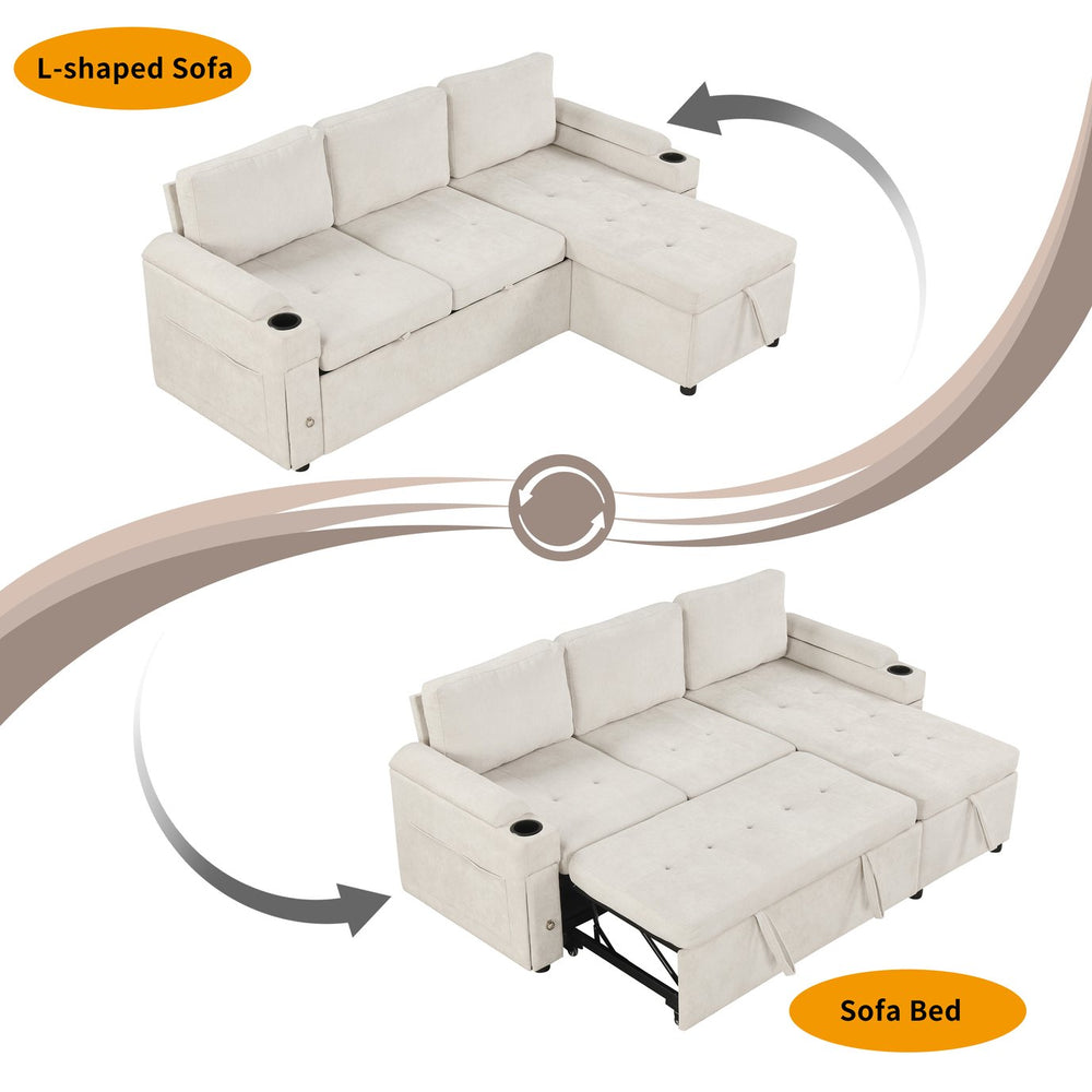 English Elm 83.5" L-shaped Sofa Couch Convertible Sectional with Reversible Chaise, Hidden Storage, USB Ports Beige N719S001790A