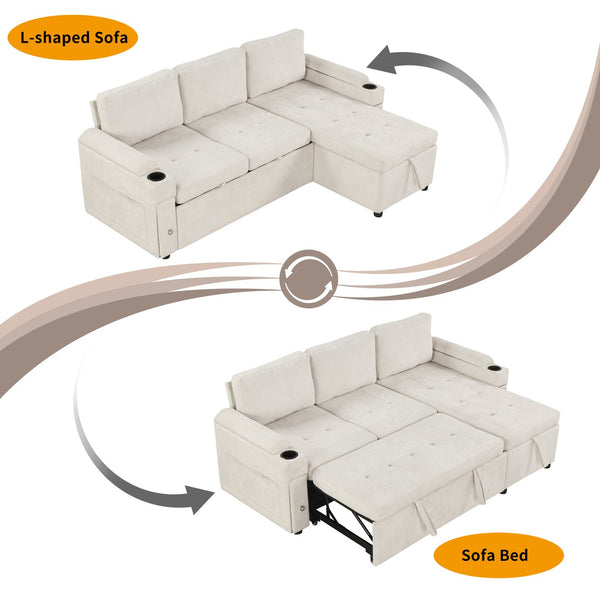 English Elm 83.5" L-shaped Sofa Couch Convertible Sectional with Reversible Chaise, Hidden Storage, USB Ports Beige N719S001790A