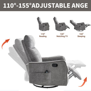 English Elm Blue Fabric Swivel Rocker Recliner with Massage Heat Nodes for Living Room Comfort Dark Gray W1803P321841