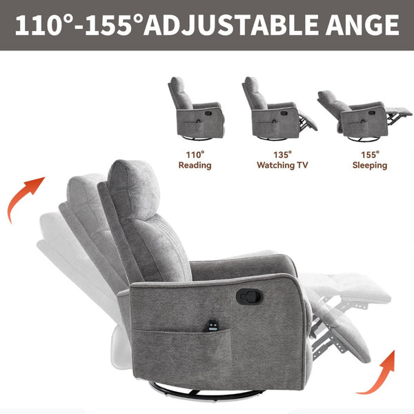 English Elm Blue Fabric Swivel Rocker Recliner with Massage Heat Nodes for Living Room Comfort Dark Gray W1803P321841