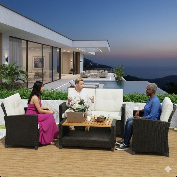 English Elm 4-piece Wicker Outdoor Conversation Set with Acacia Wood Table and Foam Cushions Beige+Brown B082S00061
