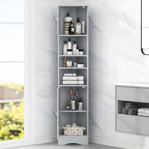 English Elm Multi-Functional Corner Cabinet Tall Bathroom Storage Cabinet With Two Doors and Adjustable Shelves, Open Shelf, Grey