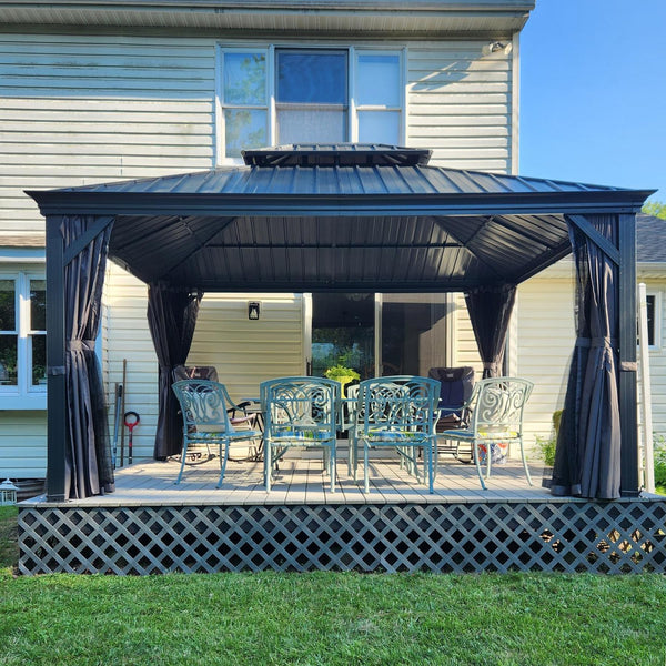 English Elm 12' Hardtop Gazebo with Built-In Drainage, Dual-Layer Galvanized Roof, Curtains & Mosquito Mesh Protection Grey W1859S00159
