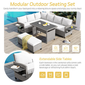 English Elm Tomax Outdoor Pe Wicker Sectional Set Seats 7 with Dining Table and Side Tables N717S100006K