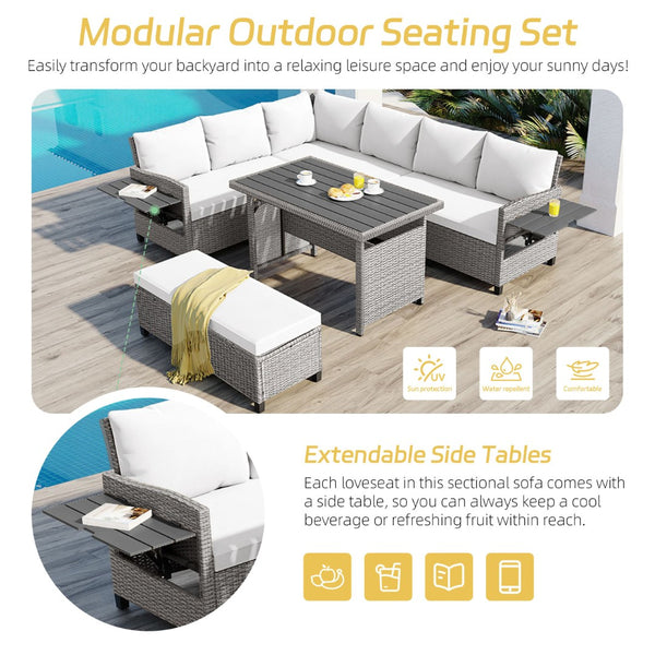 English Elm Tomax Outdoor Pe Wicker Sectional Set Seats 7 with Dining Table and Side Tables N717S100006K
